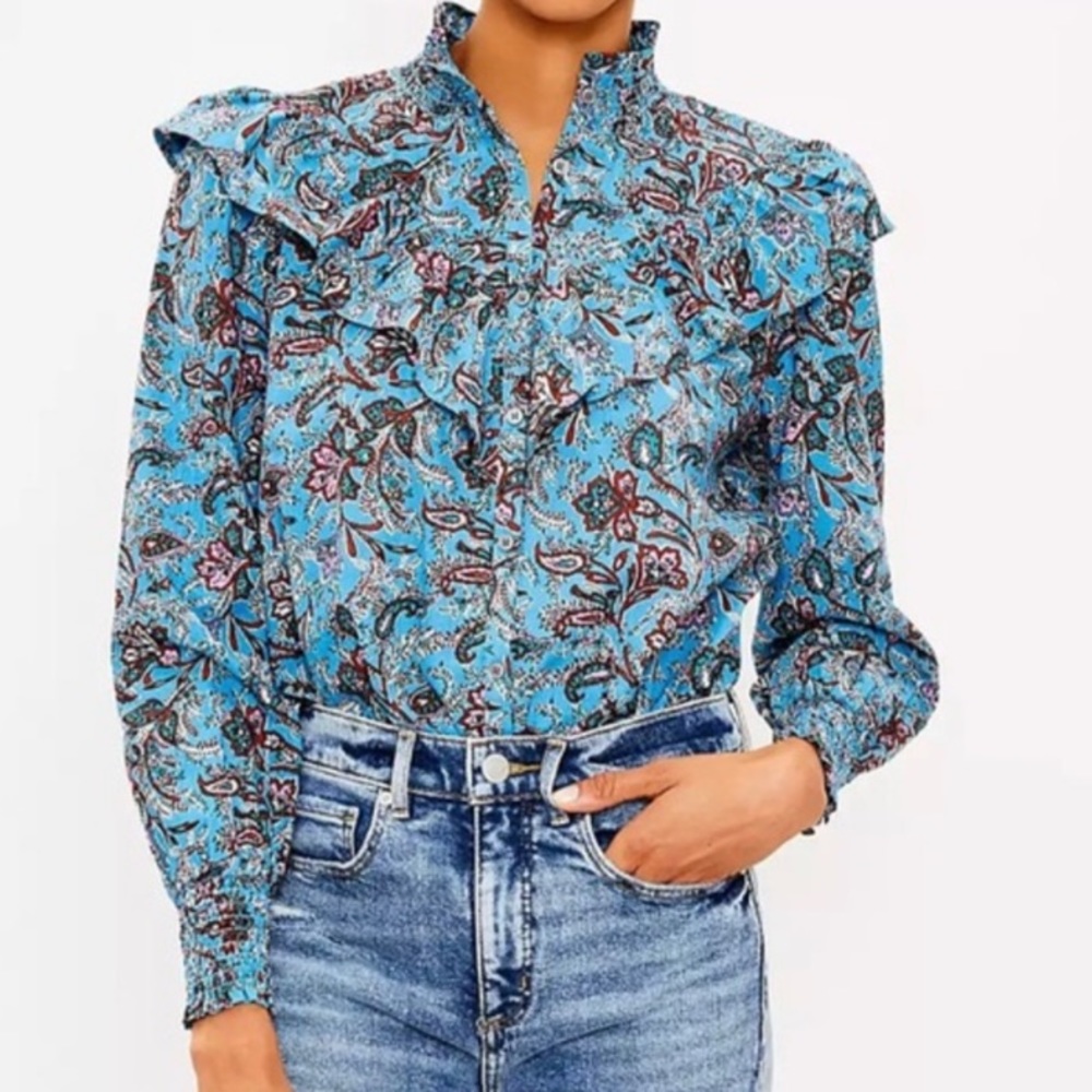 NWT Loft Bouquet Ruffle Yoke Shirt
